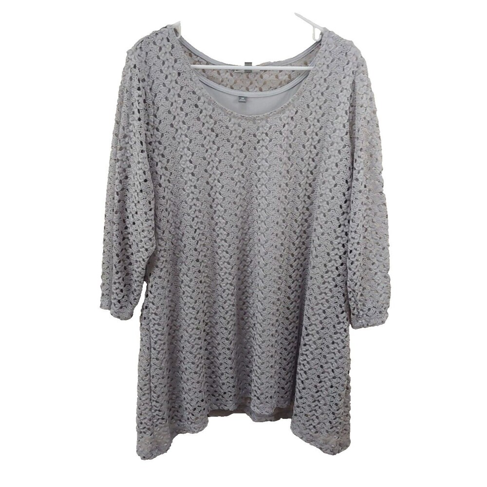 JM Collection Womens Top 3X Silver Gray 3/4 Sleeves Open Knit Layered Career